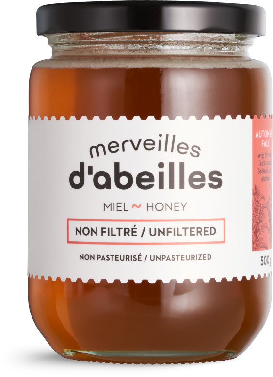 Miel d'automne liquide non filtré 500g non pasteurisé pur Québec Merveilles d'abeilles face