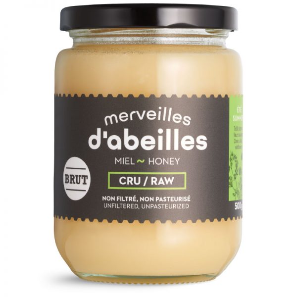Miel d'été brut cru non filtré 500g non pasteurisé pur Québec Merveilles d'abeilles face