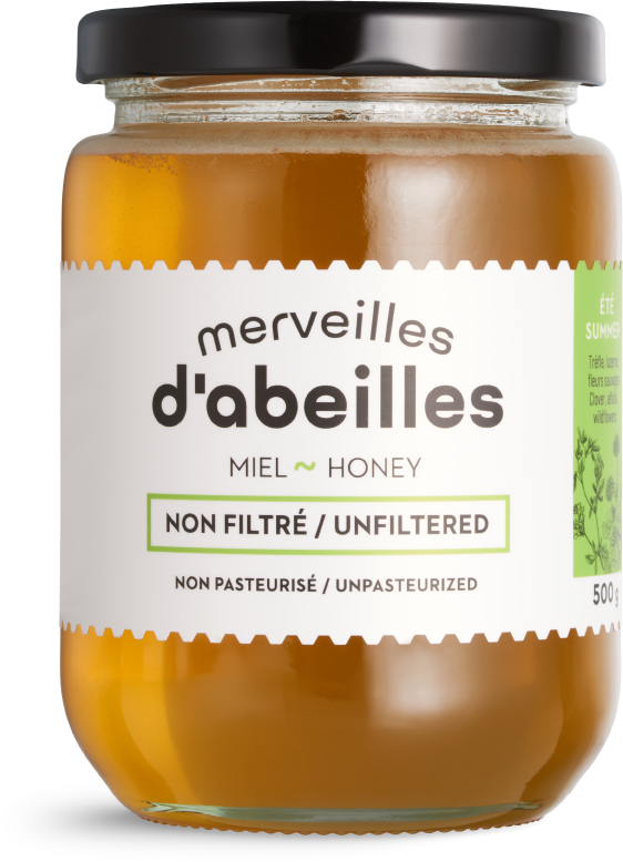 Miel d'été liquide non filtré 500g non pasteurisé pur Québec Merveilles d'abeilles face