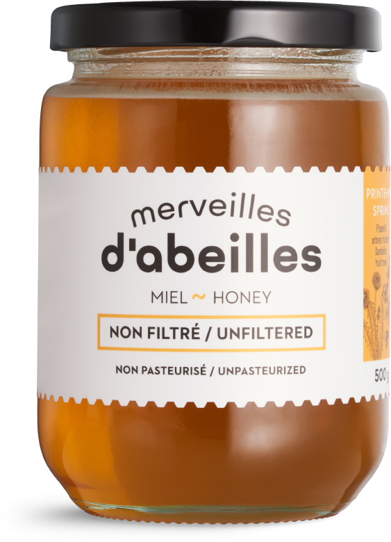Miel de printemps liquide non filtré 500g non pasteurisé pur Québec Merveilles d'abeilles face