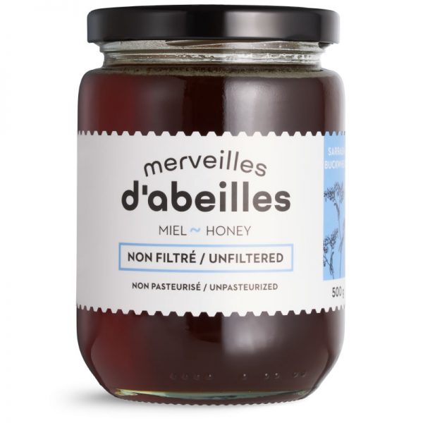 Miel de sarrasin liquide non filtré 500g non pasteurisé pur Québec Merveilles d'abeilles face