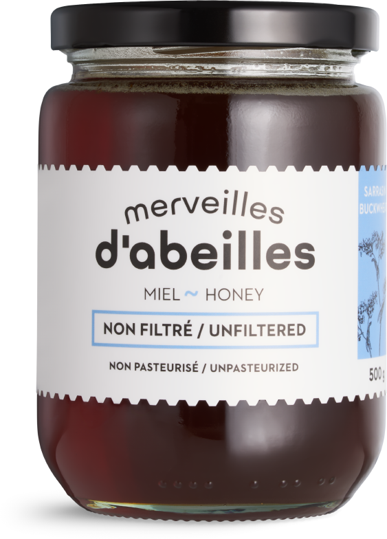 Miel de sarrasin liquide non filtré 500g non pasteurisé pur Québec Merveilles d'abeilles face