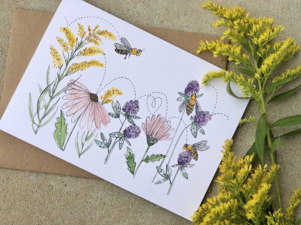Carte de souhaits - Abeilles butinent trèfle, échinacée et verge d'or - Stéphanie Renière Illustration - Merveilles d'abeilles - Photo 1